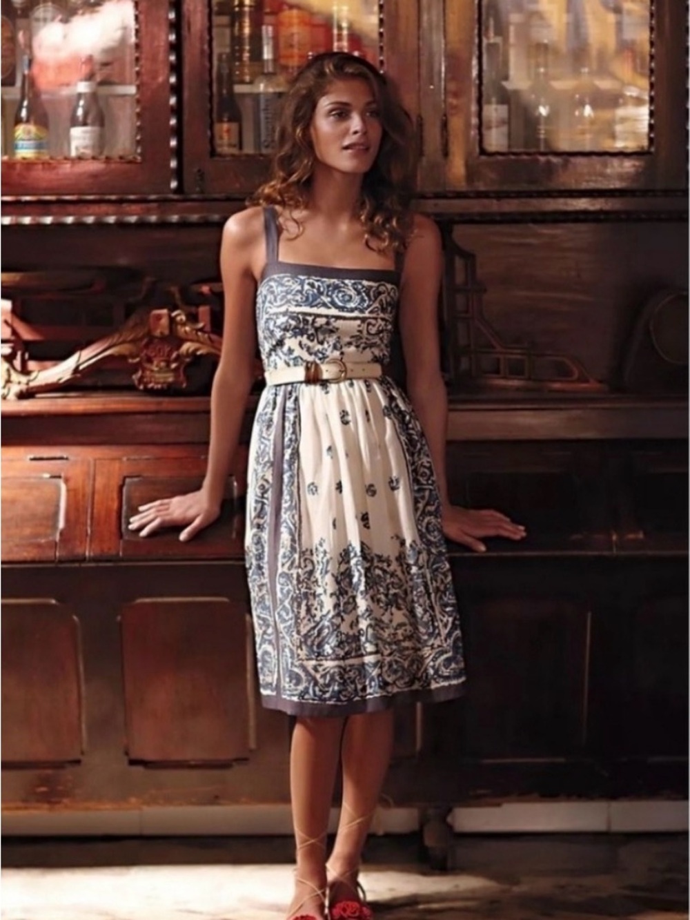 Anthropologie Maeve Catnip Blue and White Patterned Midi boho bohemian Dress 6